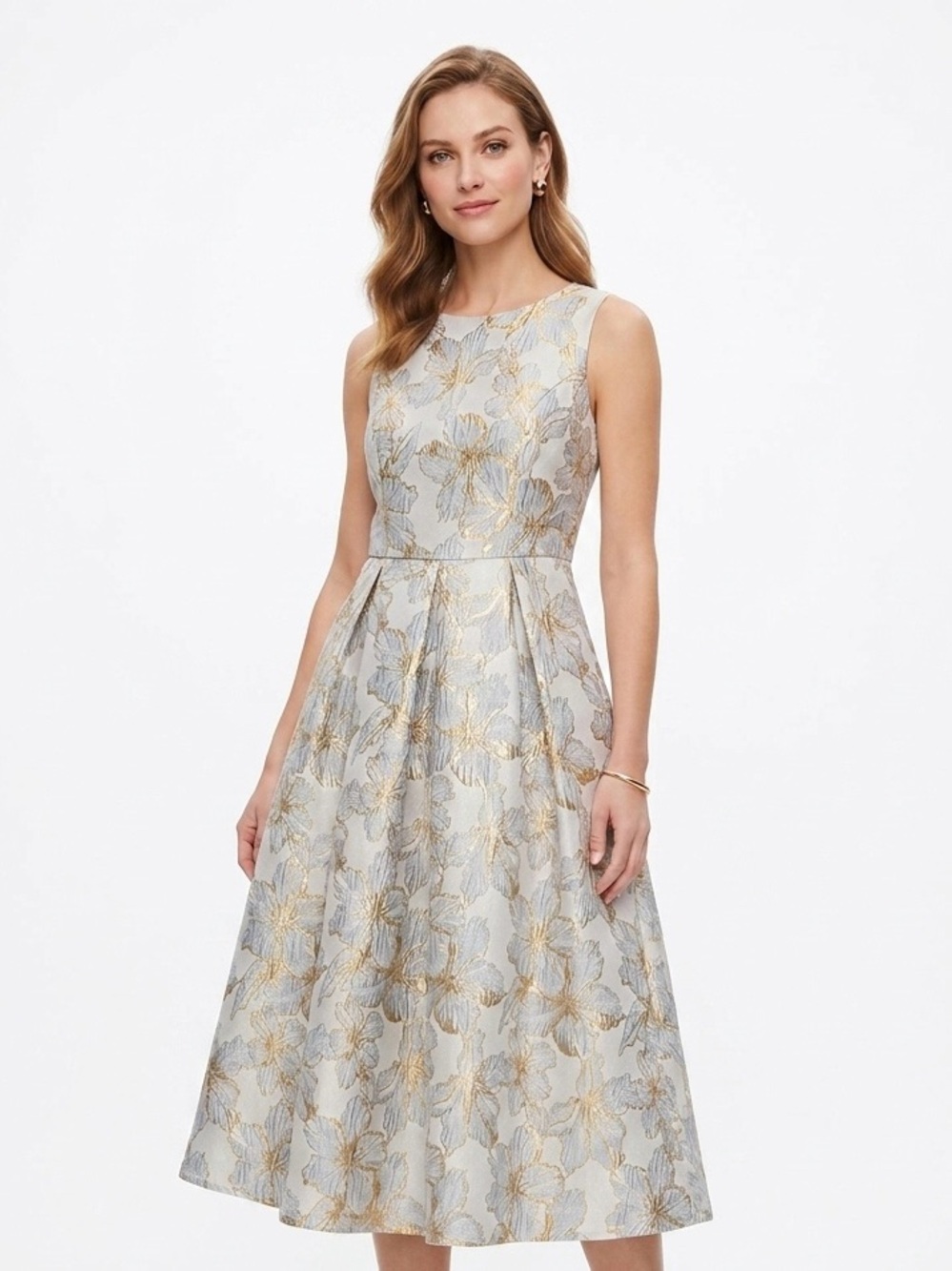 SHEIN,  Silver & Blue, Midi Dress with Gold Floral - L